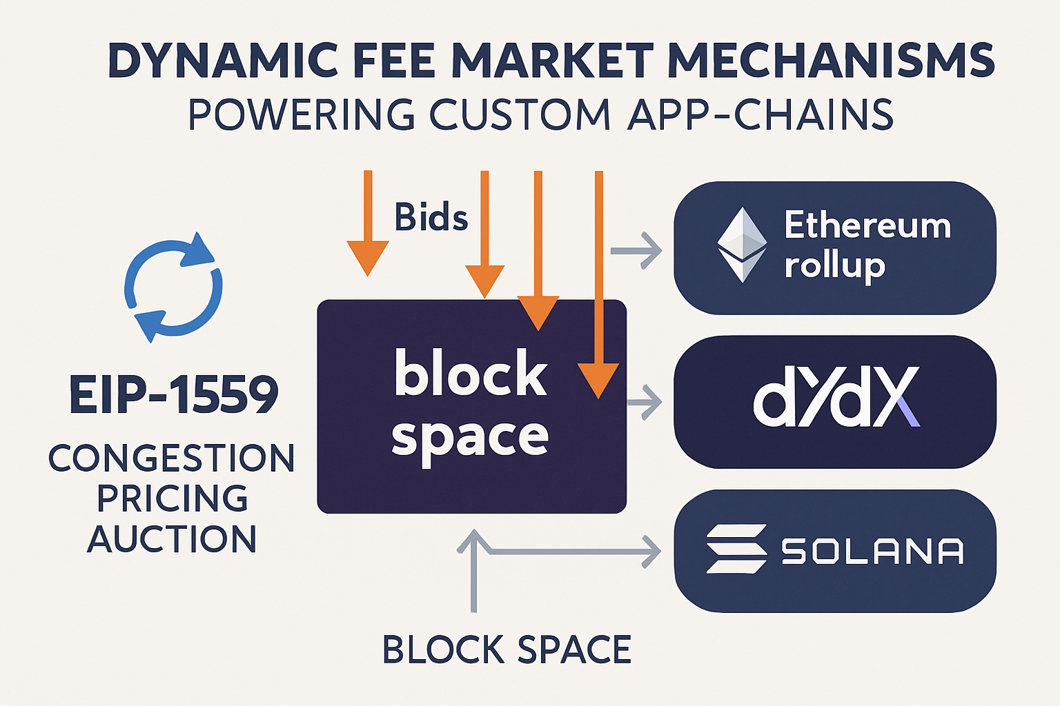 Illustration of dynamic fee market mechanisms in custom app-chains, featuring EIP-1559-style fee adjustment, congestion pricing, and auction-based block space allocation for Ethereum rollups and app-chains like dYdX and Solana.