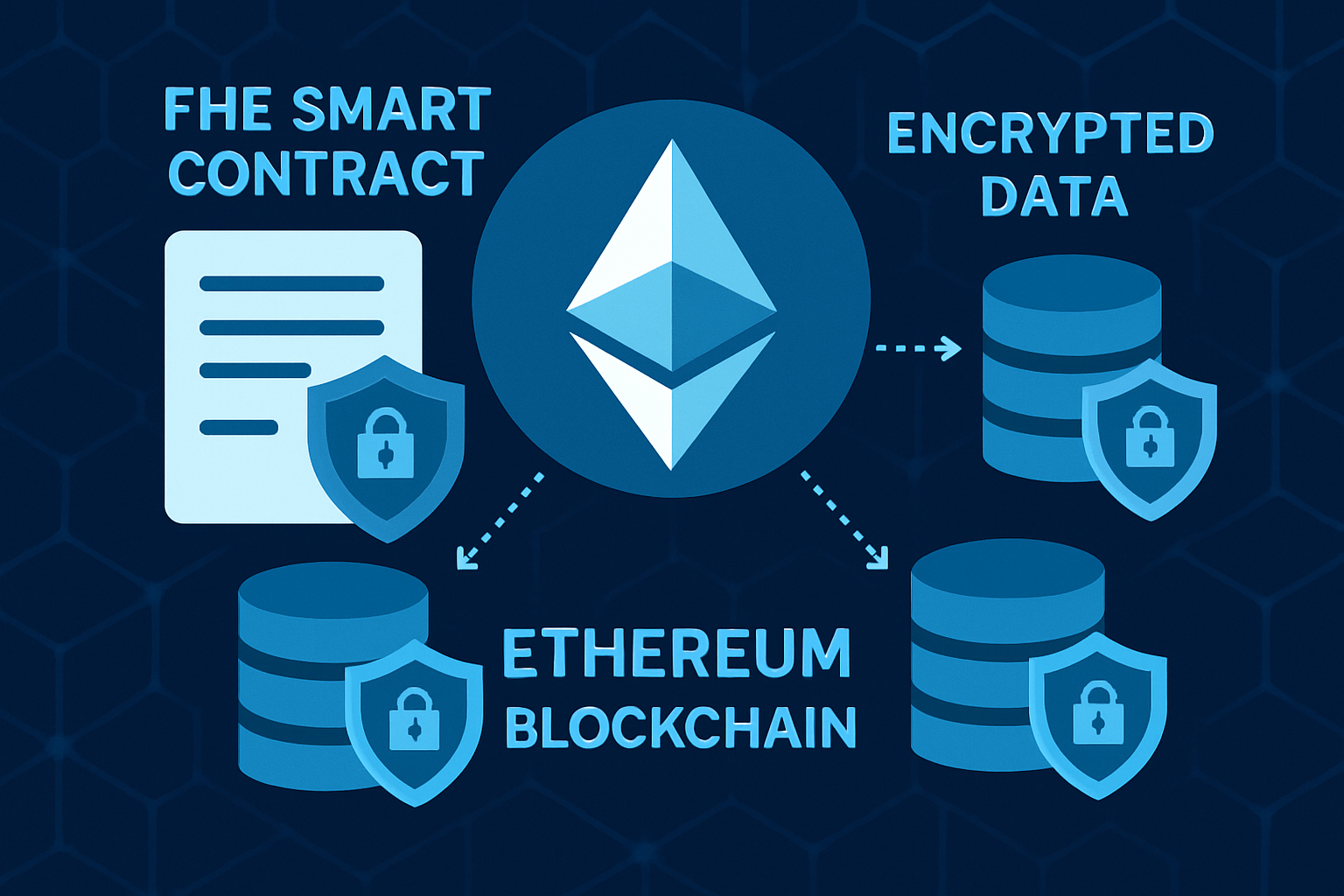 Visualization of encrypted smart contracts using Fully Homomorphic Encryption (FHE) on Ethereum blockchain, illustrating confidential data processing and privacy-enhanced smart contracts on EVM chains.