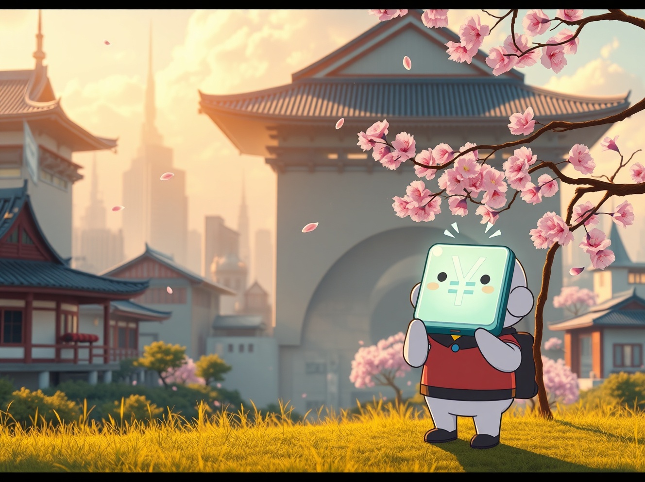 Conceptual illustration of JPYC yen stablecoin stabilizing Japanese export supply chains amid 2026 trade disruptions from tariffs and bans