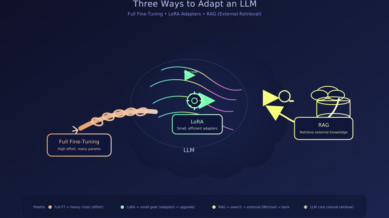 Diagram of LoRA adapters integrated into LLM transformer architecture for efficient fine-tuning visualization
