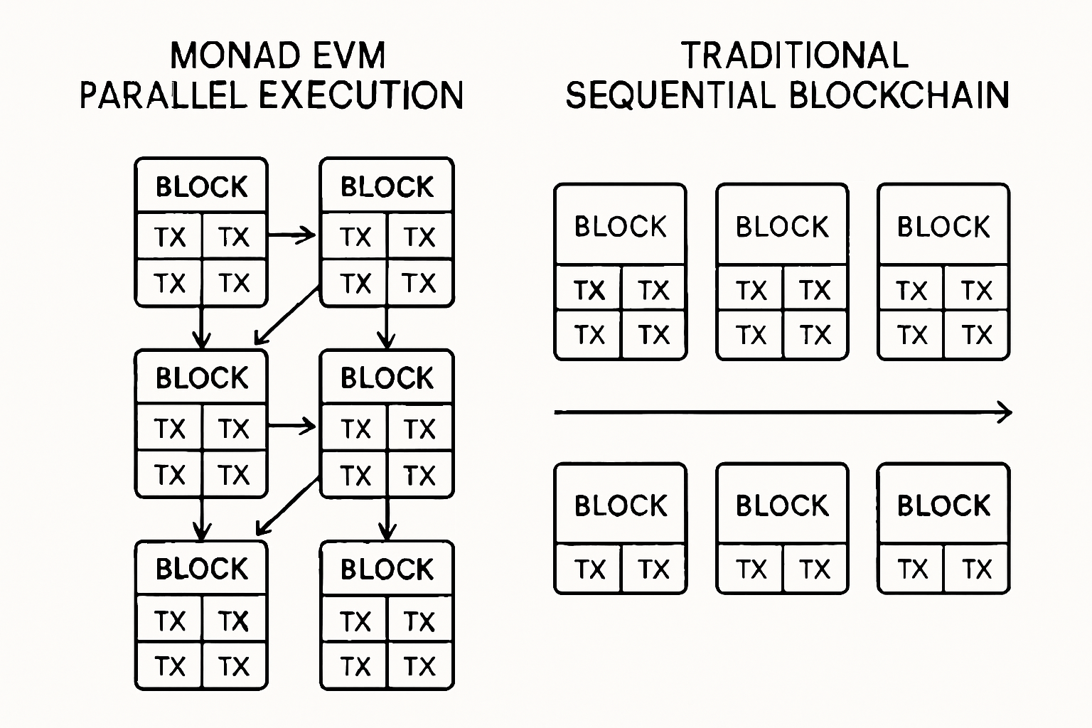 Visualization comparing Monad's parallel transaction execution with traditional sequential EVM chains, highlighting increased throughput and efficiency for DeFi DApps.