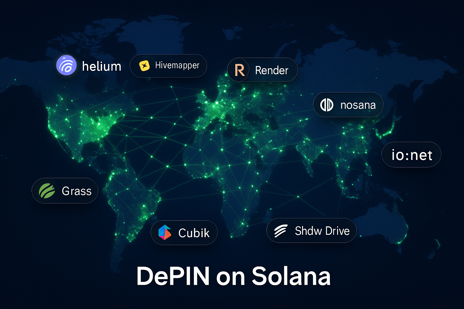 Global visualization of Solana DePIN network nodes featuring Helium, Hivemapper, Render Network, Nosana, io.net, Grass Protocol, Cubik, Shdw Drive, and Nodle Network