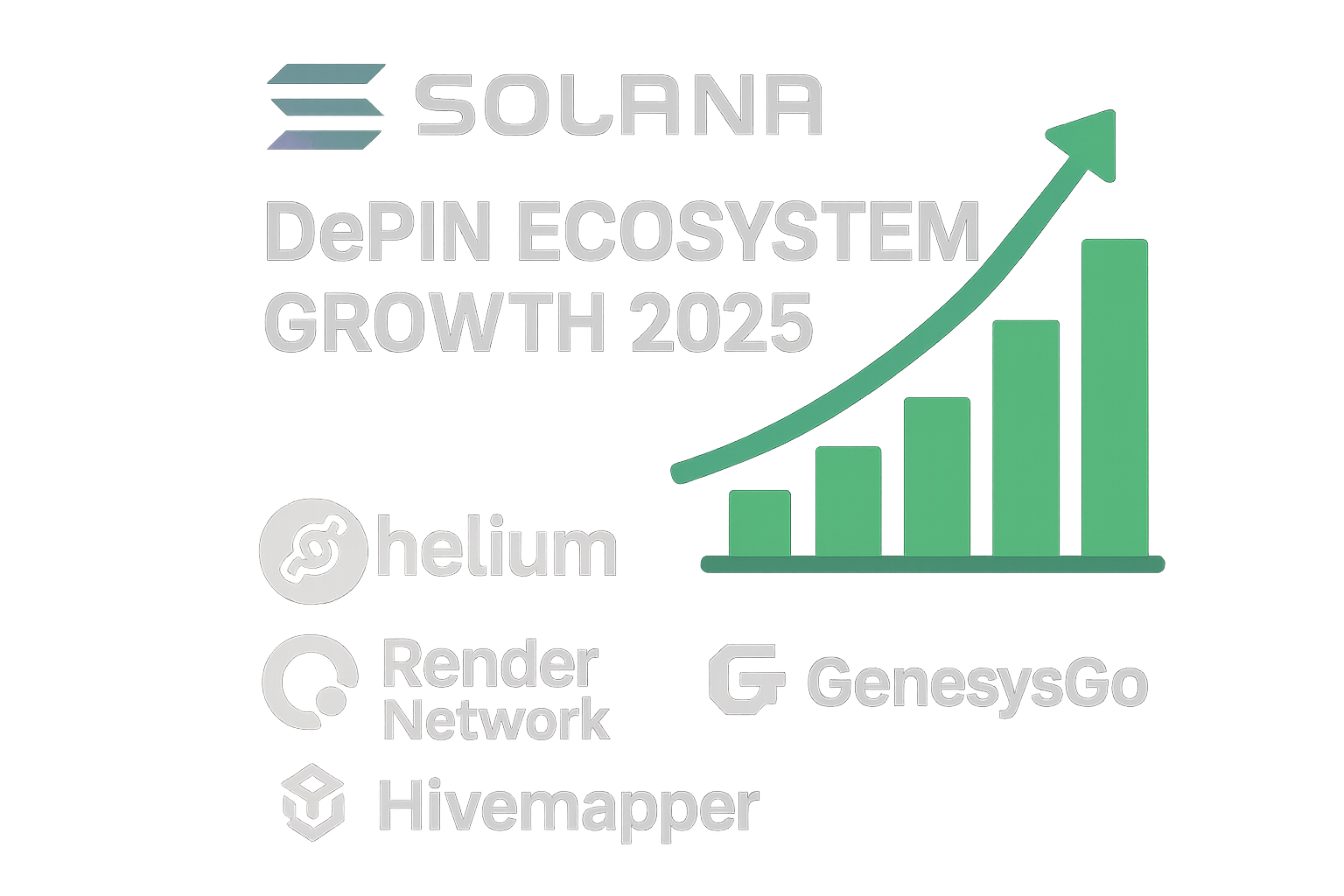 Visualization of Solana DePIN ecosystem growth in 2025 featuring logos of top projects like Helium, Render Network, Hivemapper, and GenesysGo, with a futuristic blockchain network background highlighting scalability and innovation.