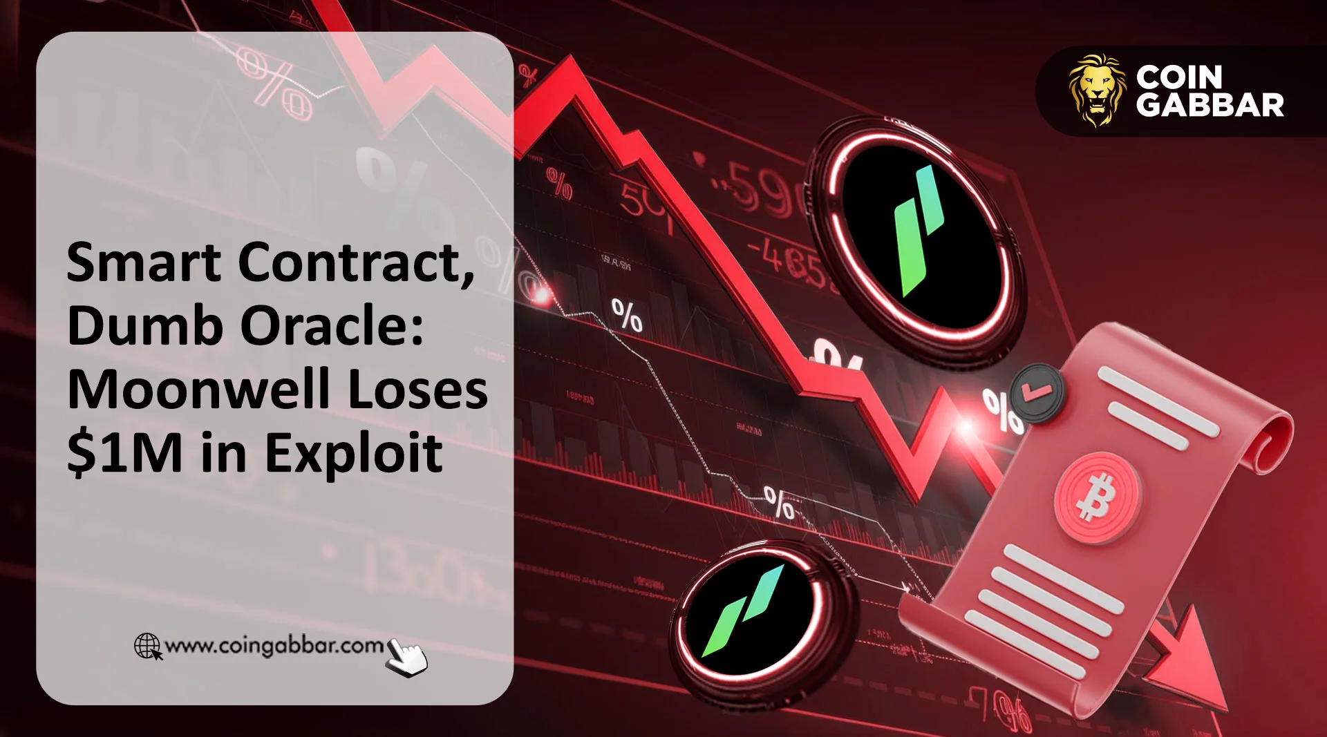 Conceptual illustration of the Moonwell DeFi exploit showing a faulty oracle price feed causing vulnerability, with visual emphasis on the data flow and smart contract interaction.