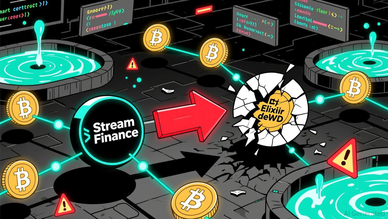Conceptual image showing the impact of the Balancer exploit on DeFi, with digital assets and stablecoins like USDX symbolically collapsing or unraveling, representing liquidity risks and systemic vulnerabilities in decentralized finance.