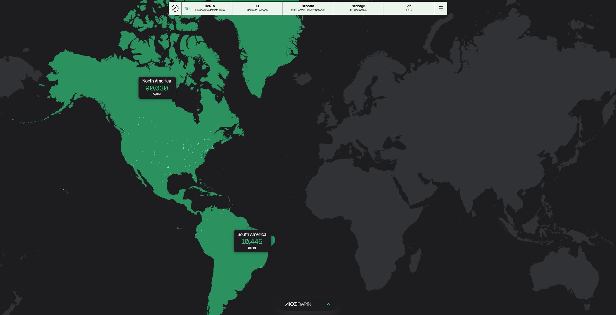 Global decentralized AI compute network nodes powering Web3 applications, digital world map with interconnected nodes and blockchain elements