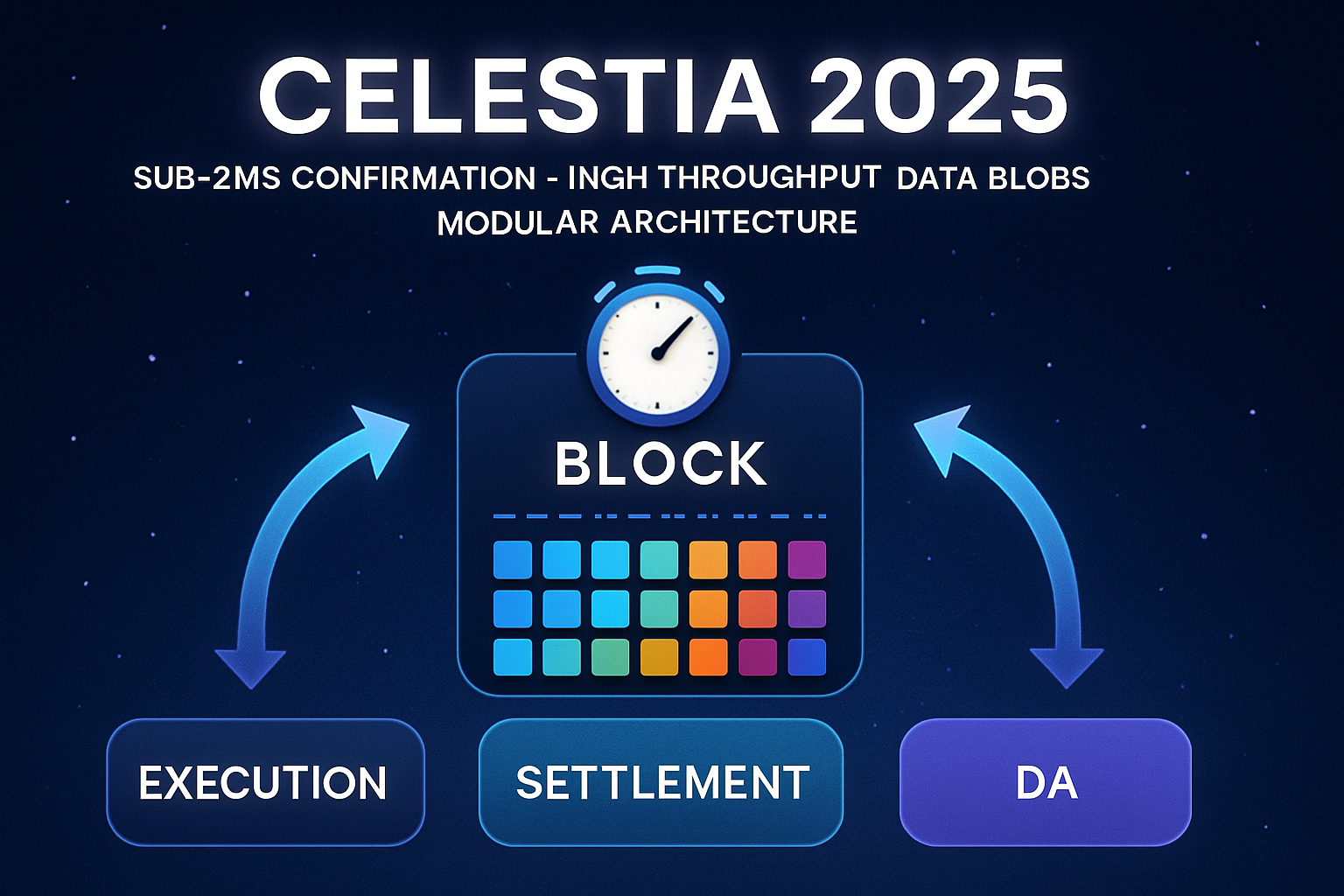 Visualization of Celestia blockchain achieving sub-2ms confirmations and high data blob throughput in 2025, showcasing advanced modular architecture and rapid onchain transactions.