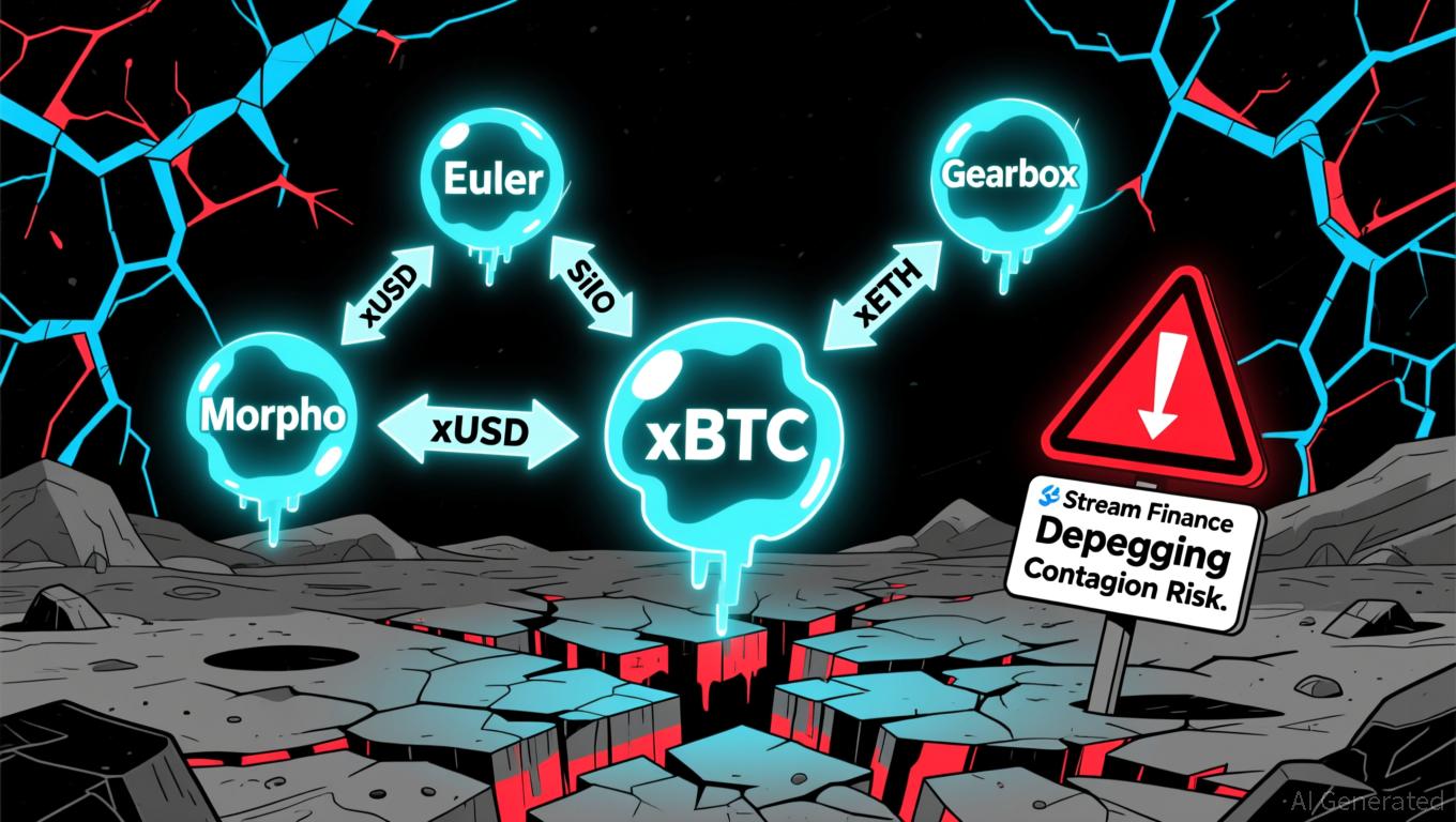 Domino effect of stablecoin depegs causing cascading failures in DeFi protocols, visualized with interconnected digital blocks toppling over in a blockchain network.