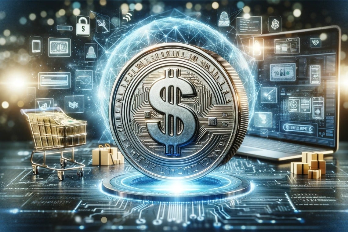 Infographic illustrating recent large USDT and USDC stablecoin whale transactions with whale graphics and blockchain elements