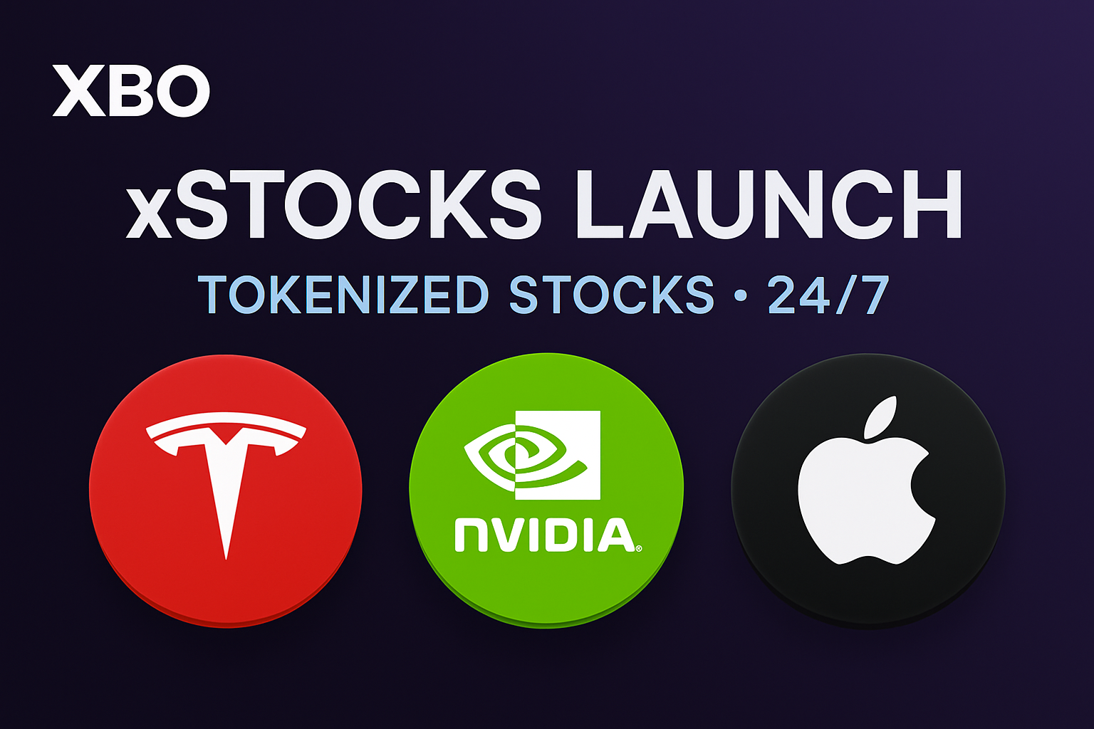 XBO.com xStocks launch banner featuring tokenized Tesla, NVIDIA, and Apple stocks with 24/7 trading icons