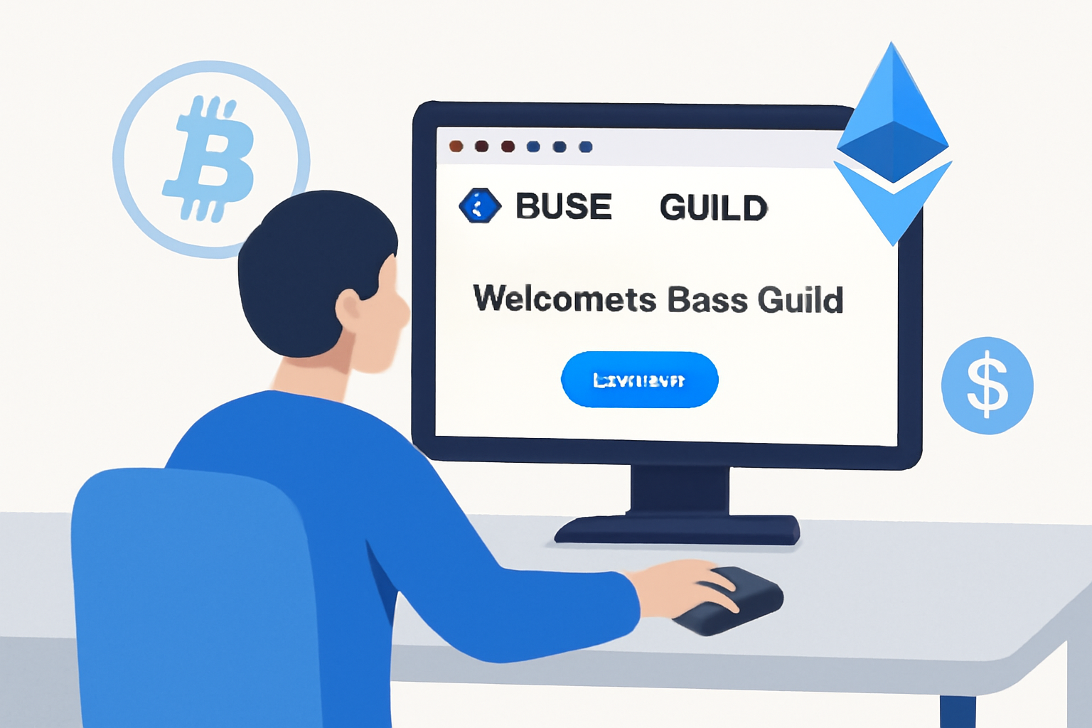 A user sitting at a computer, navigating the official Base Guild website with a secure connection, crypto icons in the background.