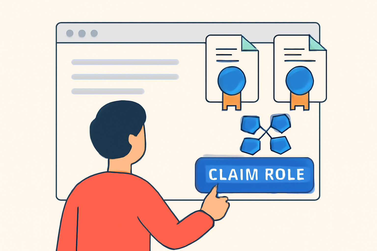 A person clicking a 'Claim Role' button on a website, with digital certificates and blockchain icons appearing.