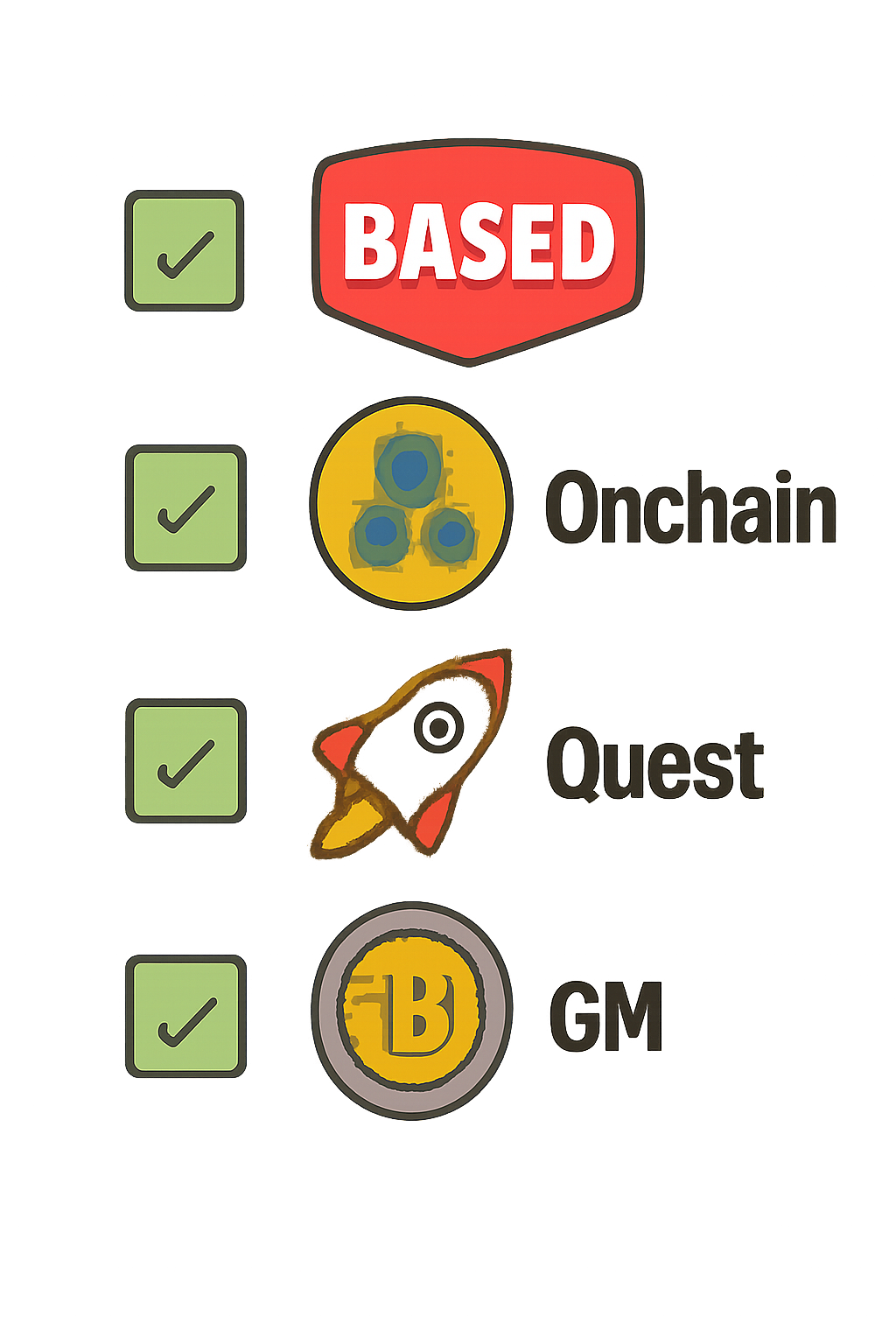 A checklist with various crypto-themed badges and quest icons, highlighting roles like 'Based' and 'Onchain'.
