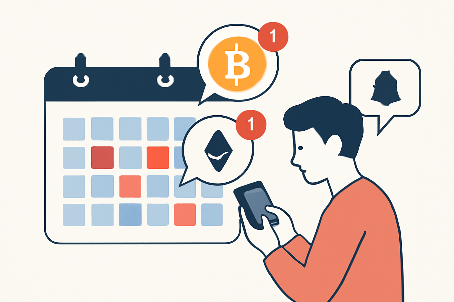 A calendar with recurring crypto events, notifications, and a user checking updates on their device.