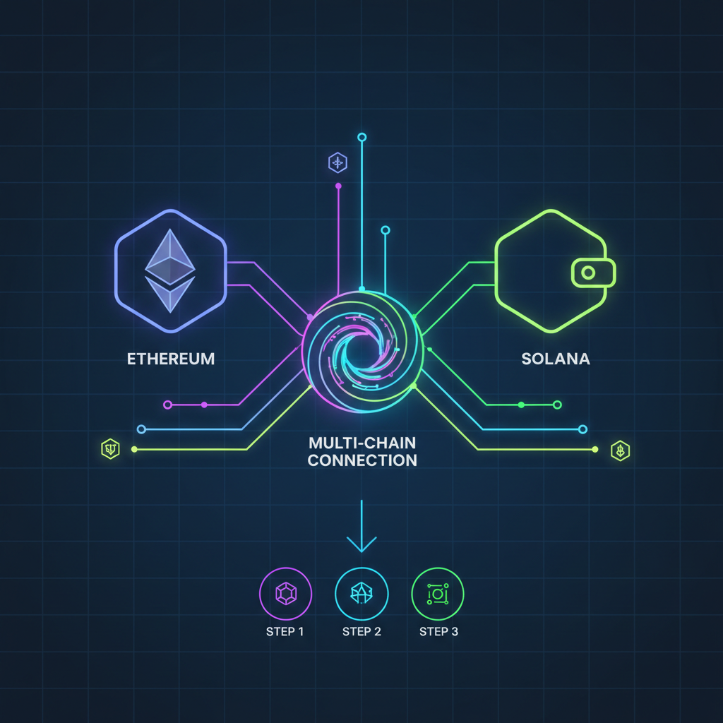 futuristic multi-chain crypto wallets Ethereum Solana connecting, neon glow, digital art