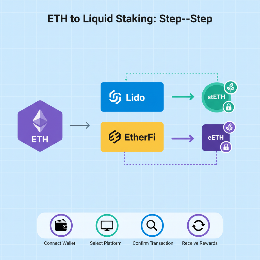 ETH converting to stETH eETH liquid staking tokens Lido EtherFi platform, blockchain graphic