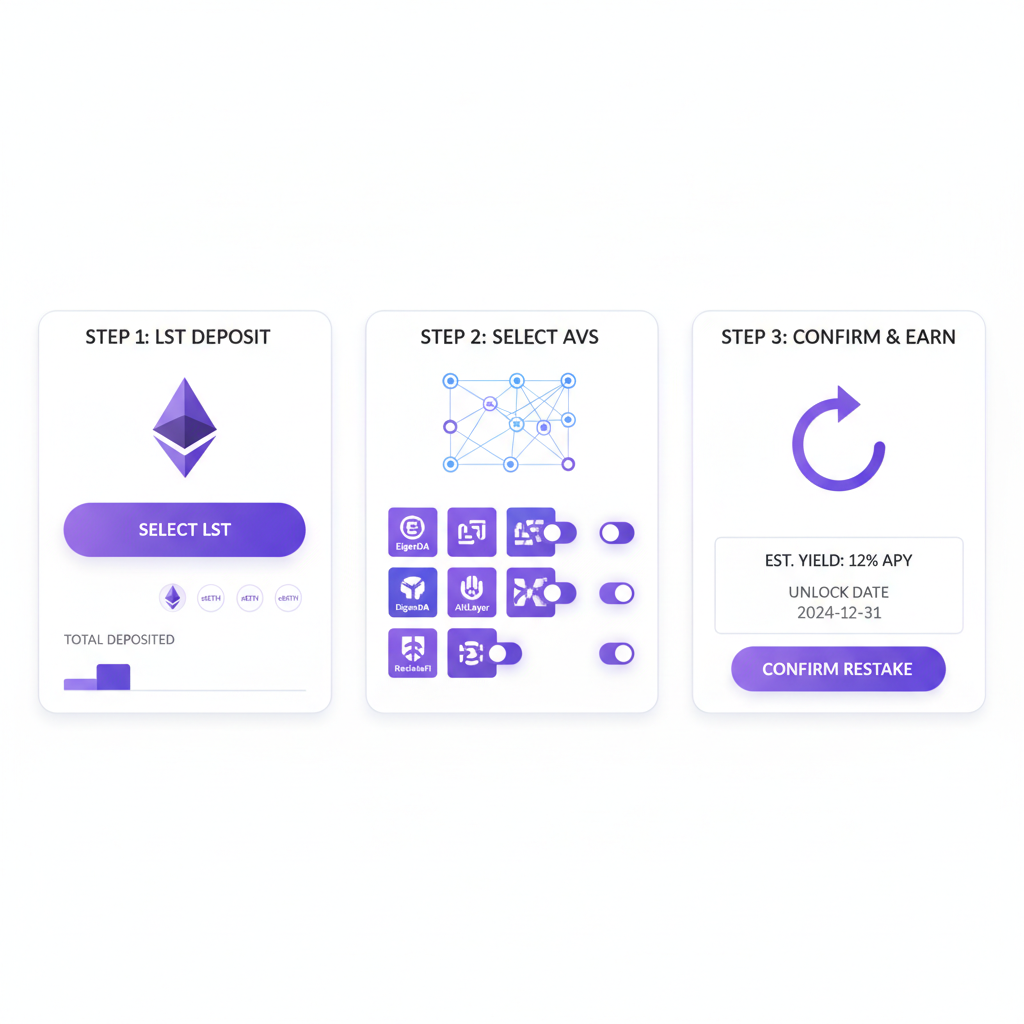 EigenLayer restaking dashboard LST deposit AVS selection, Ethereum purple theme