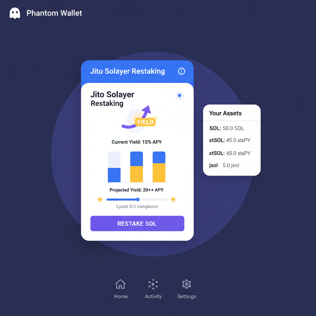 Solana Phantom wallet Jito Solayer restaking interface, high yield charts
