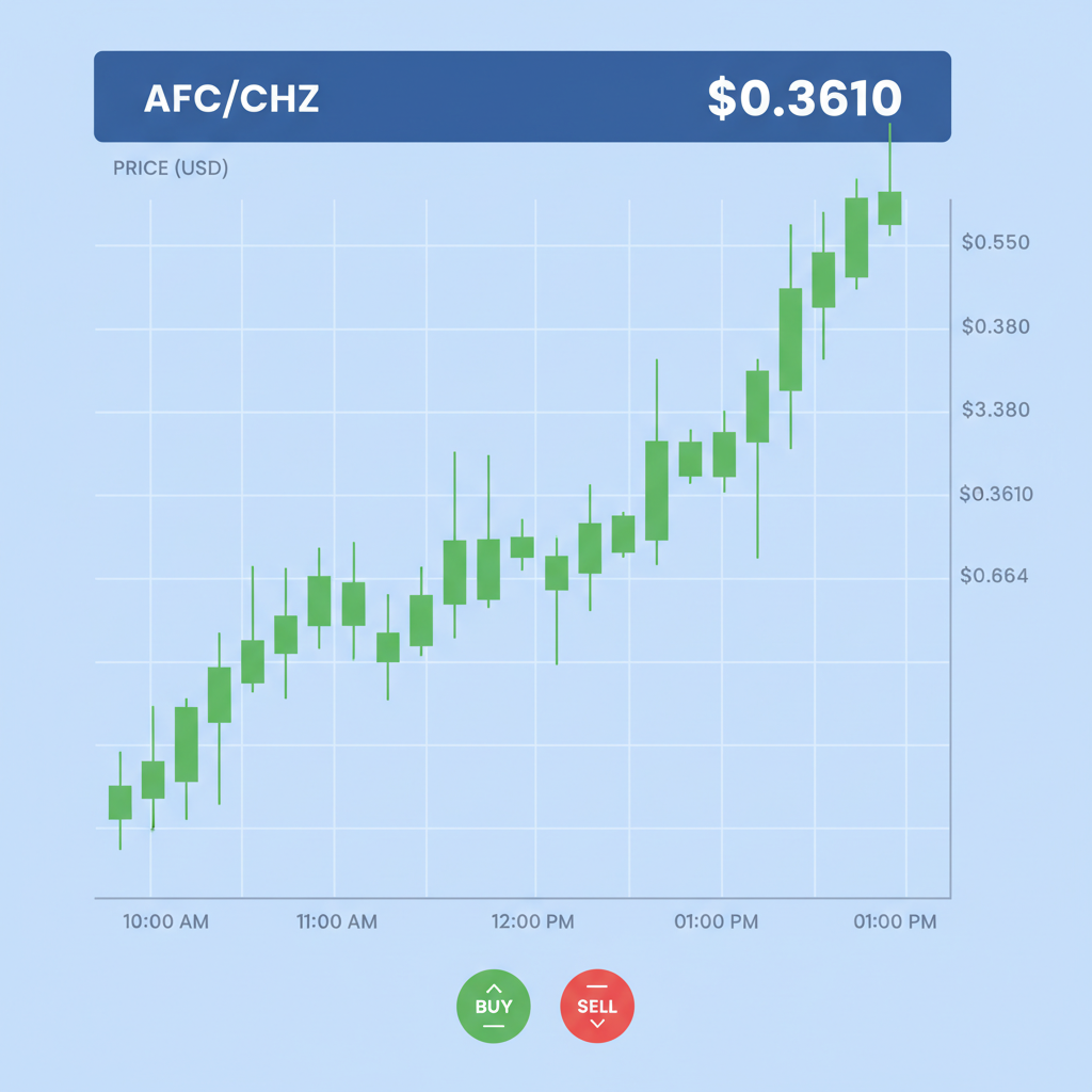 clean crypto exchange chart AFC/CHZ pair at $0.3610 price candlesticks green trend