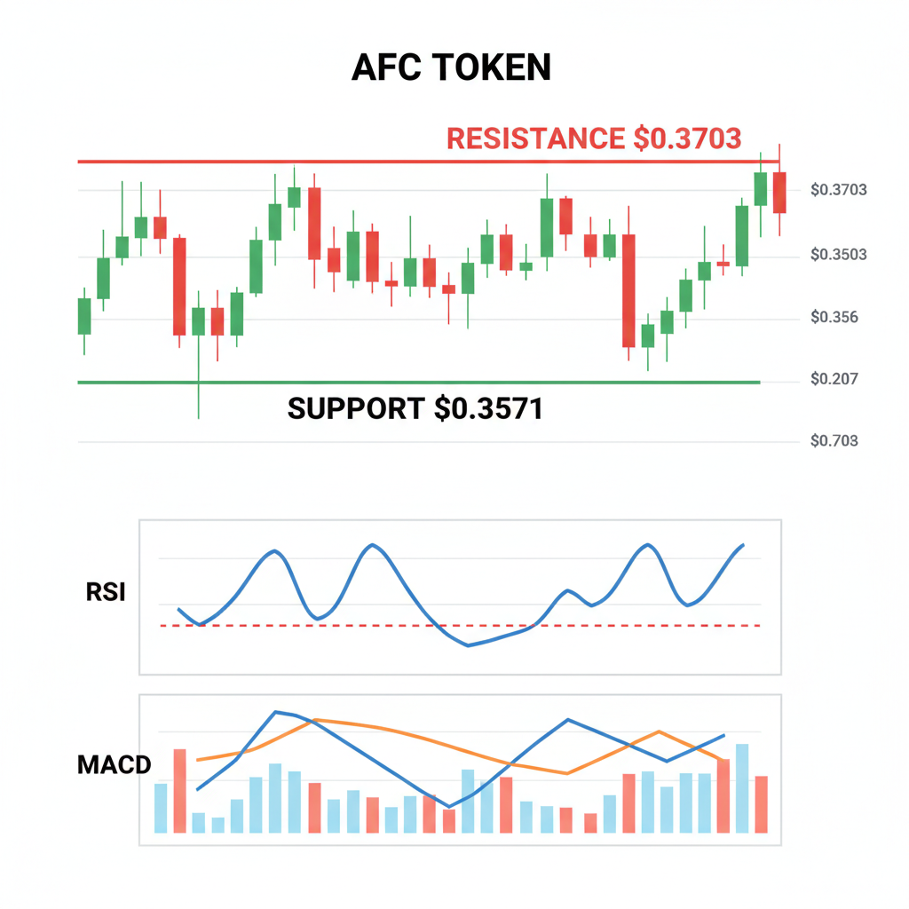 technical analysis chart AFC token support resistance levels $0.3571 $0.3703 RSI MACD