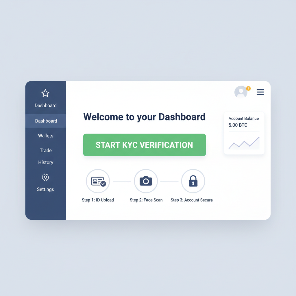 user dashboard on crypto exchange showing KYC start button, professional interface