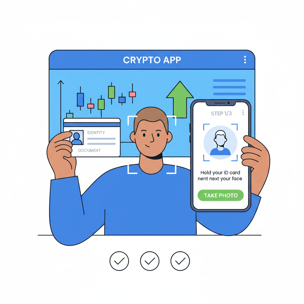 person holding ID document taking selfie for KYC, crypto app screen in background