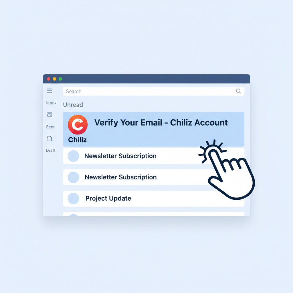 email inbox with verification email highlighted, Chiliz logo, simple digital style