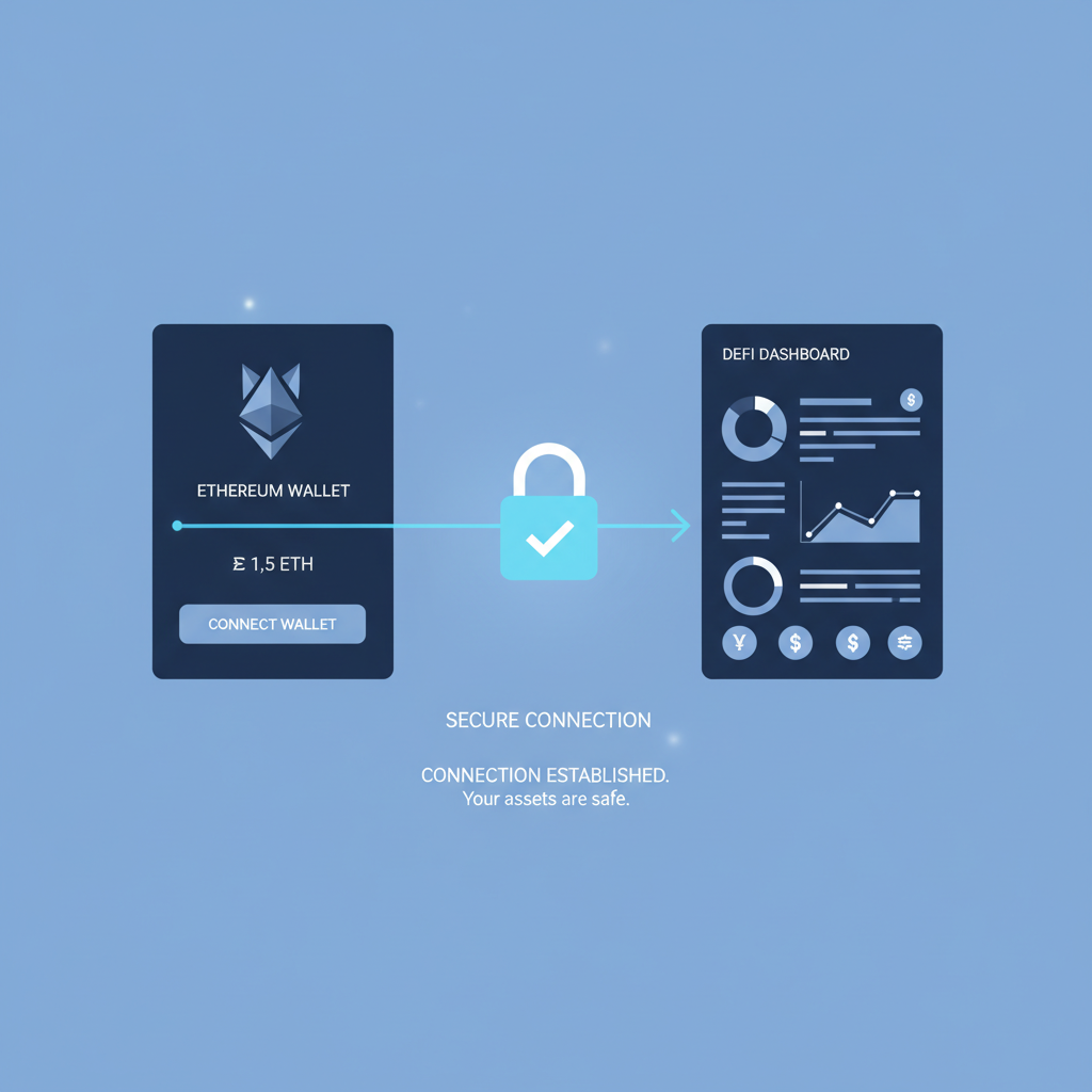 ethereum wallet connecting to defi dashboard, clean ui, blue tones, secure lock icon