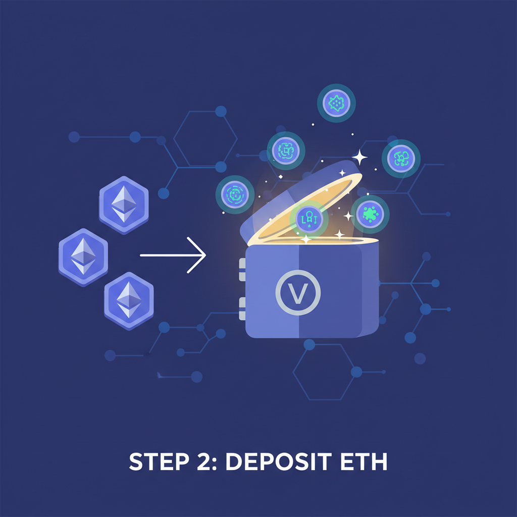 depositing eth tokens into vault contract, glowing lrt icons, ethereum blockchain background