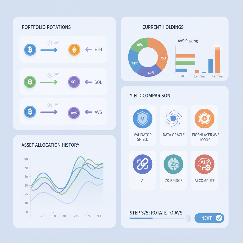 defi dashboard showing portfolio rotations, graphs updating, eigenlayer avs icons
