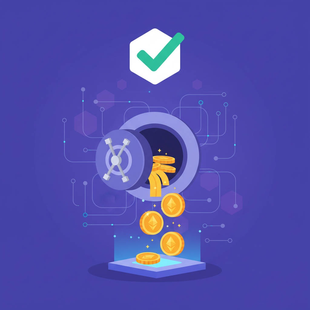 withdrawing rewards from vault, coins flowing out, success checkmark, ethereum theme