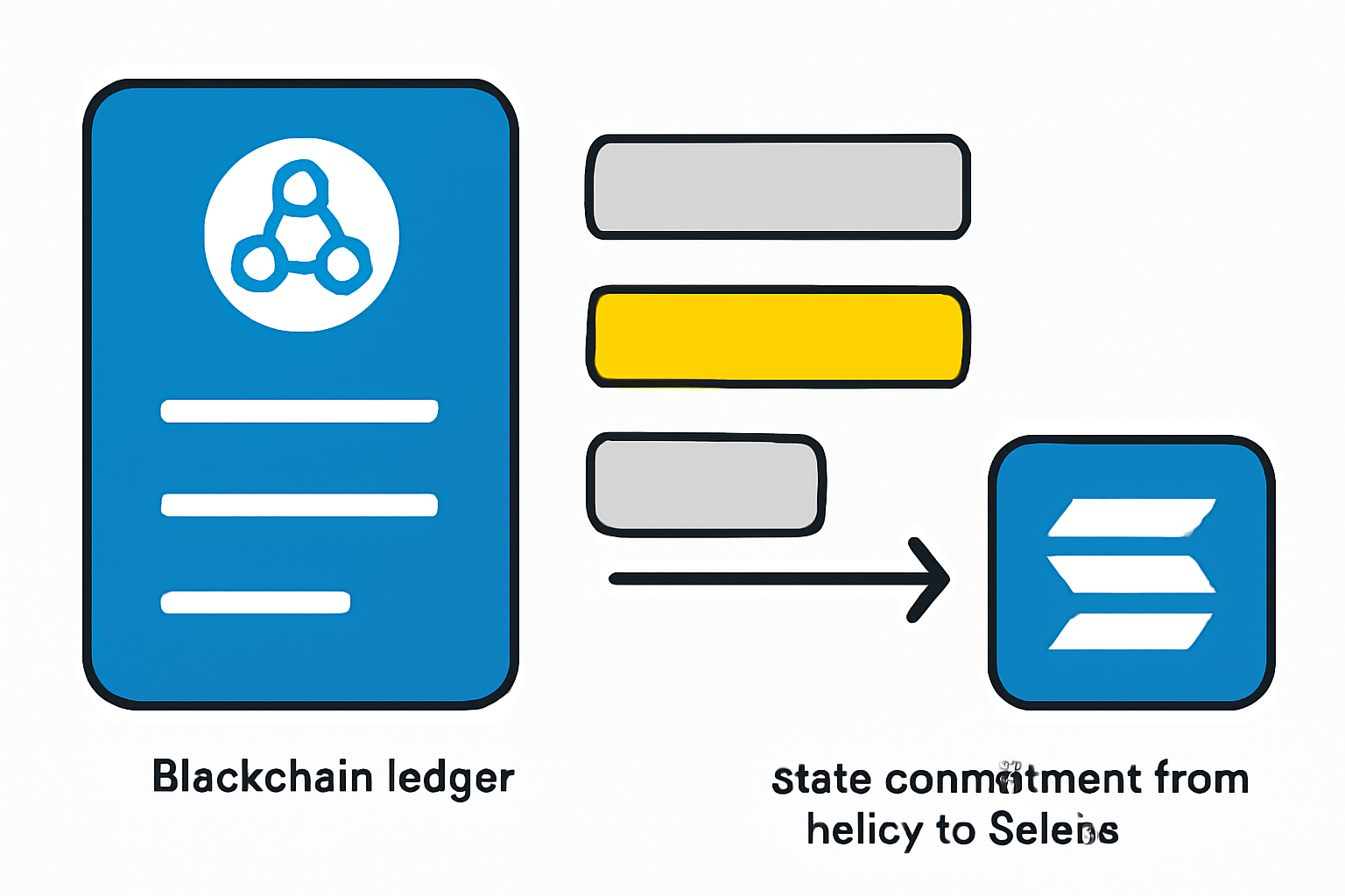 A blockchain ledger with a highlighted entry being added, representing state commitment from a rollup to Solana.