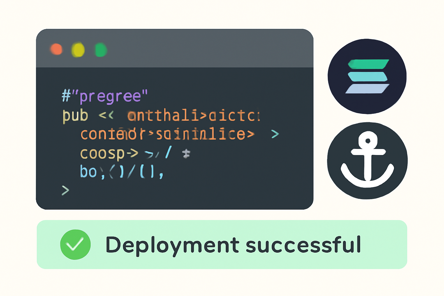 A code editor displaying Rust smart contract code, with Solana and Anchor icons, and a successful deployment notification.