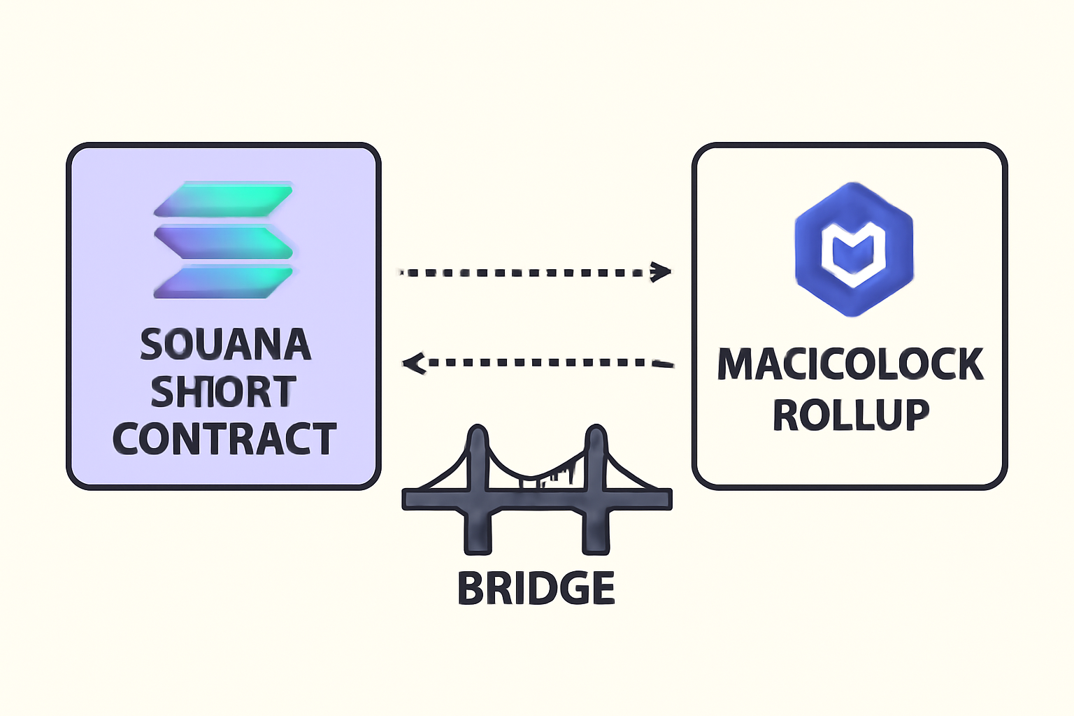 A diagram showing a bridge between a Solana smart contract and MagicBlock rollup, with data flowing seamlessly between them.