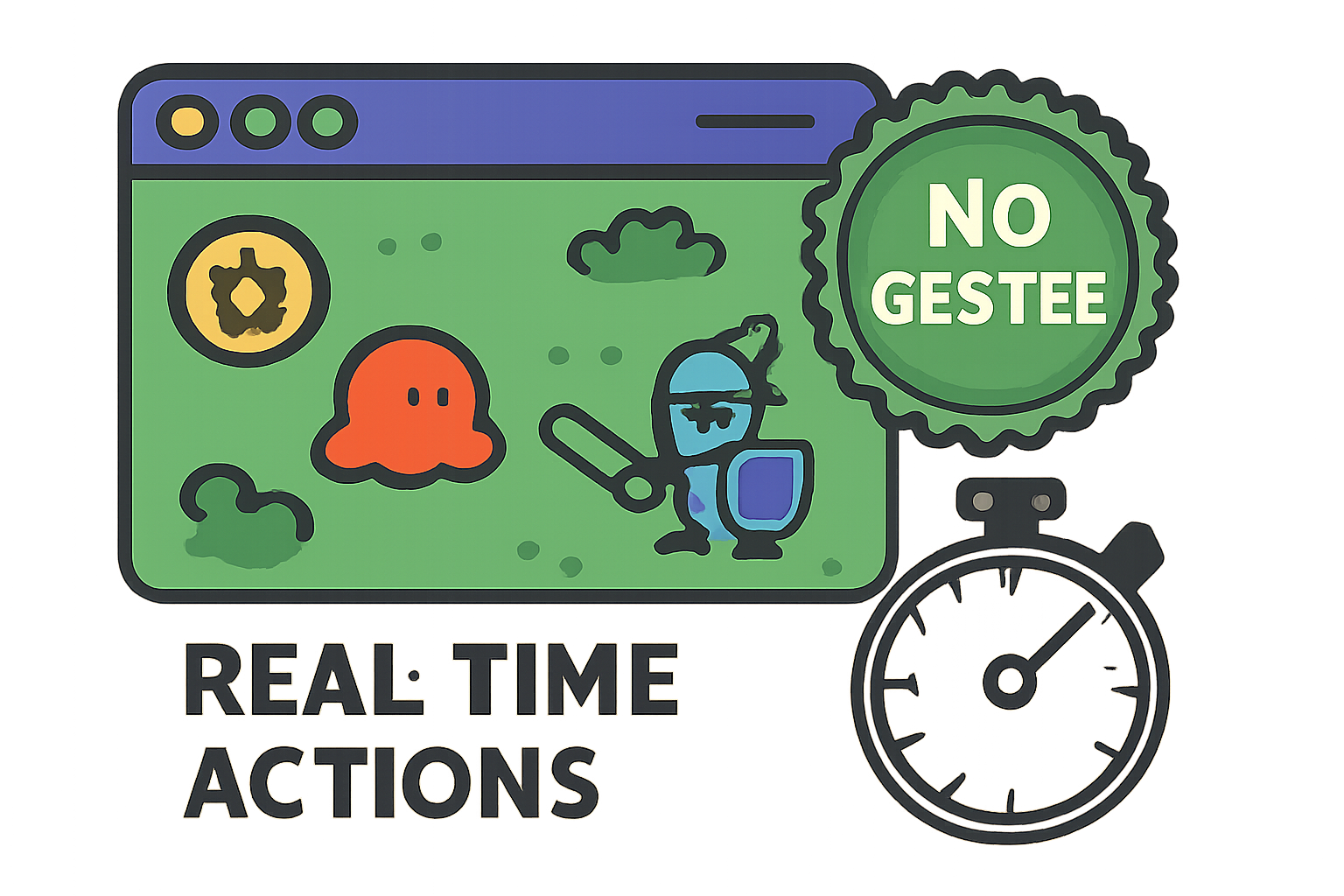 A game interface with real-time actions, a 'No Gas Fee' badge, and a stopwatch showing fast response times.