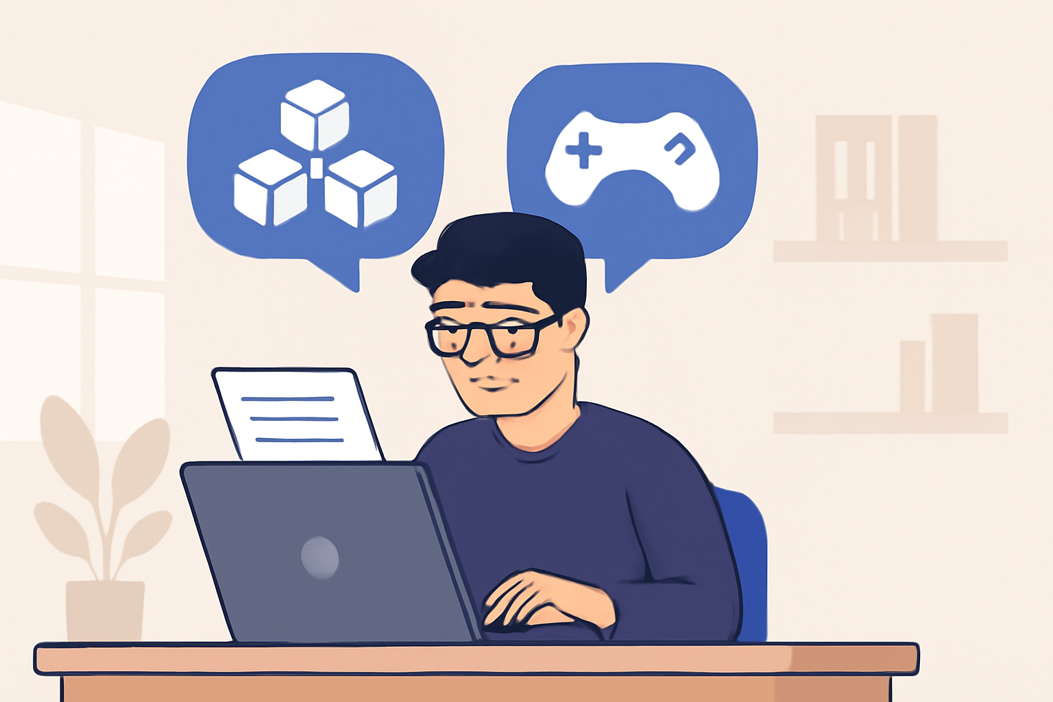 A developer reading documentation on a laptop, with visual elements representing blockchain and gaming icons, in a modern workspace.