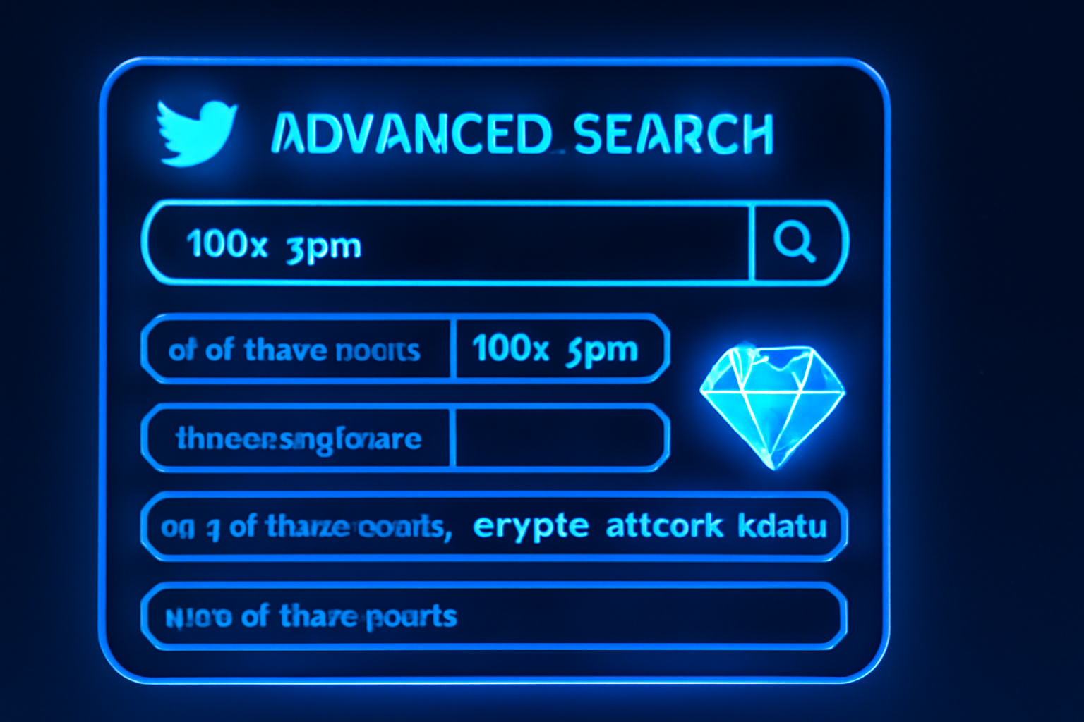 twitter advanced search screen with crypto keywords 100x gem, neon blue interface, futuristic