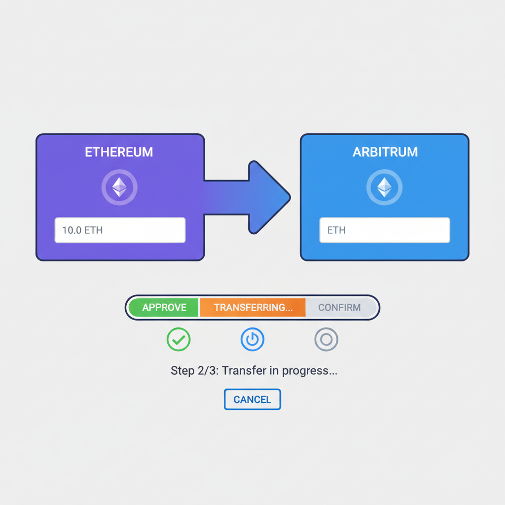 bridge interface transferring ETH from Ethereum to Arbitrum with progress bar