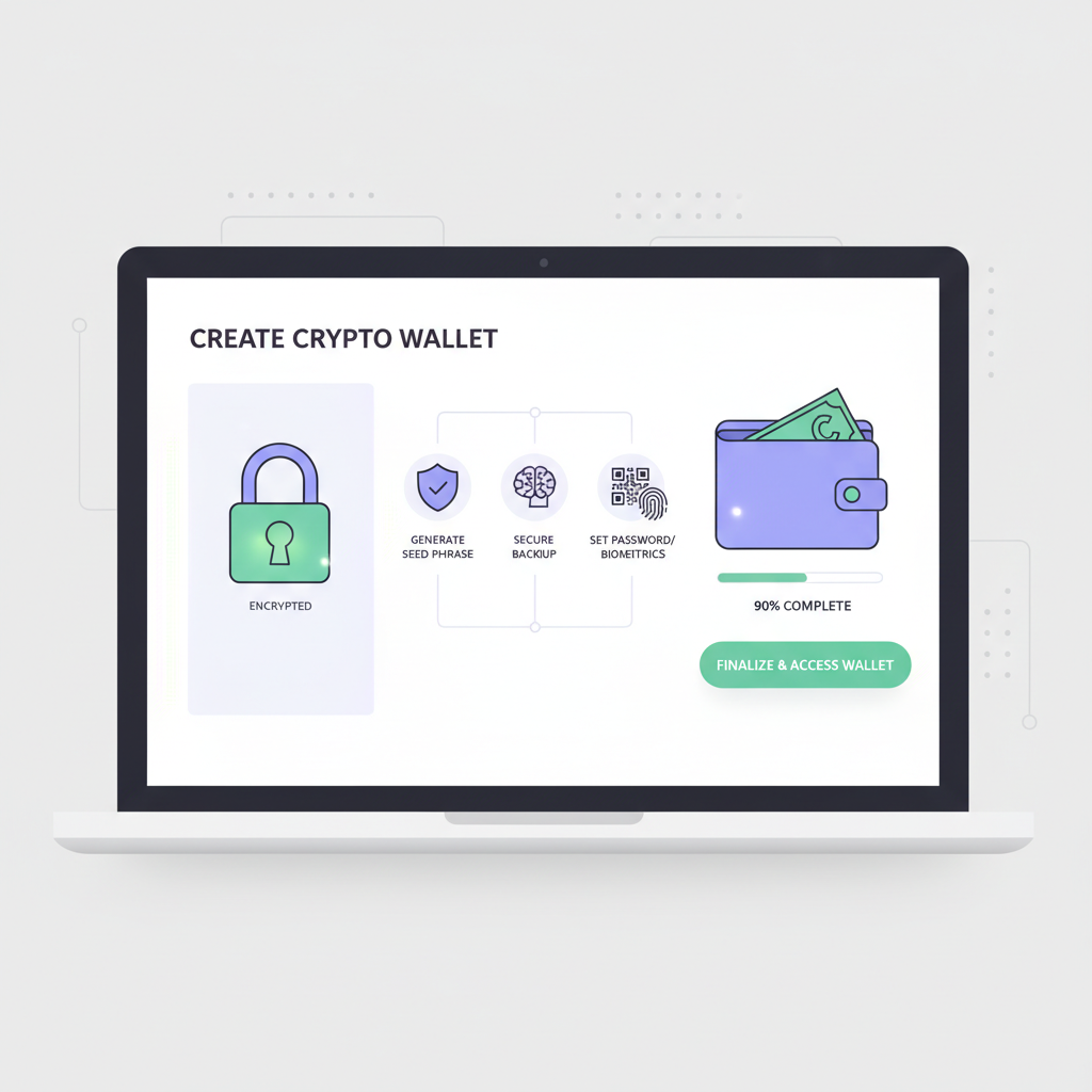 illustration of creating a crypto wallet with encryption icons on a laptop screen