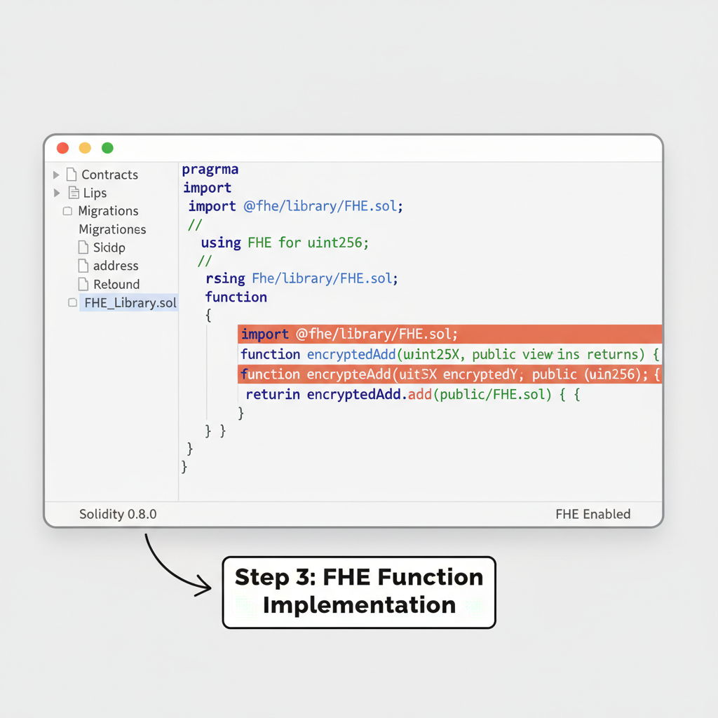 code editor with Solidity smart contract highlighting FHE functions