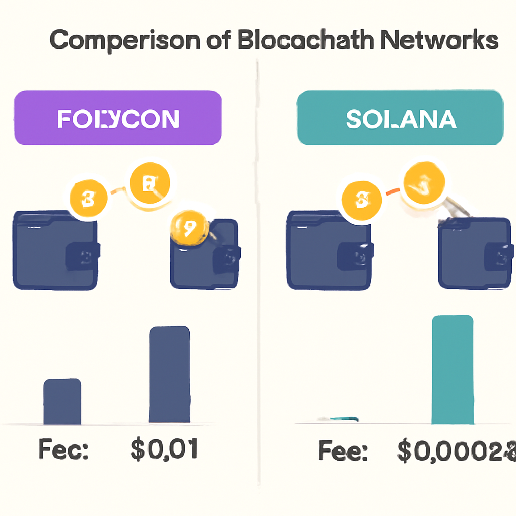 A comparison of blockchain networks with fee charts, highlighting Polygon and Solana, with USDC coins moving quickly between wallets, infographic style.