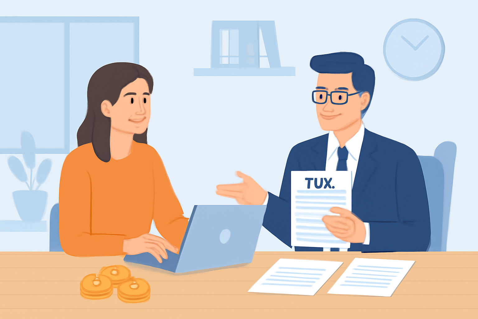 A digital nomad consulting with a tax advisor over a laptop, with digital coins and documents on the table, modern office setting, educational illustration.