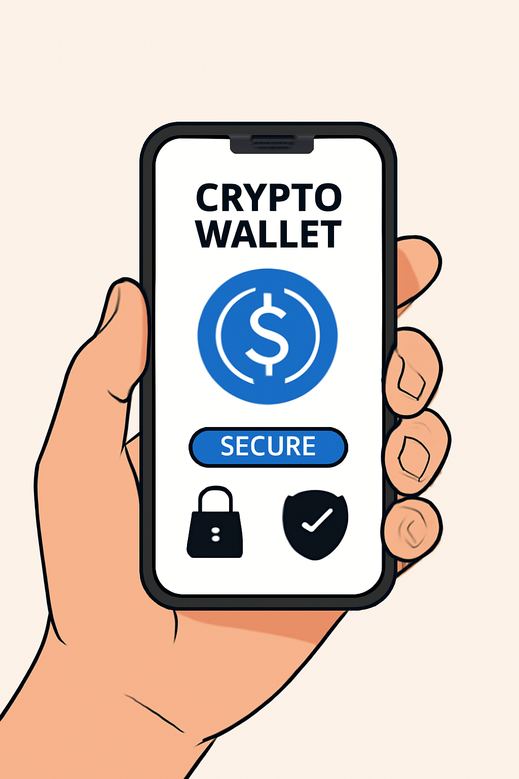 A hand holding a smartphone displaying a secure crypto wallet app with a USDC logo, security icons like a lock and shield, clear and modern style.