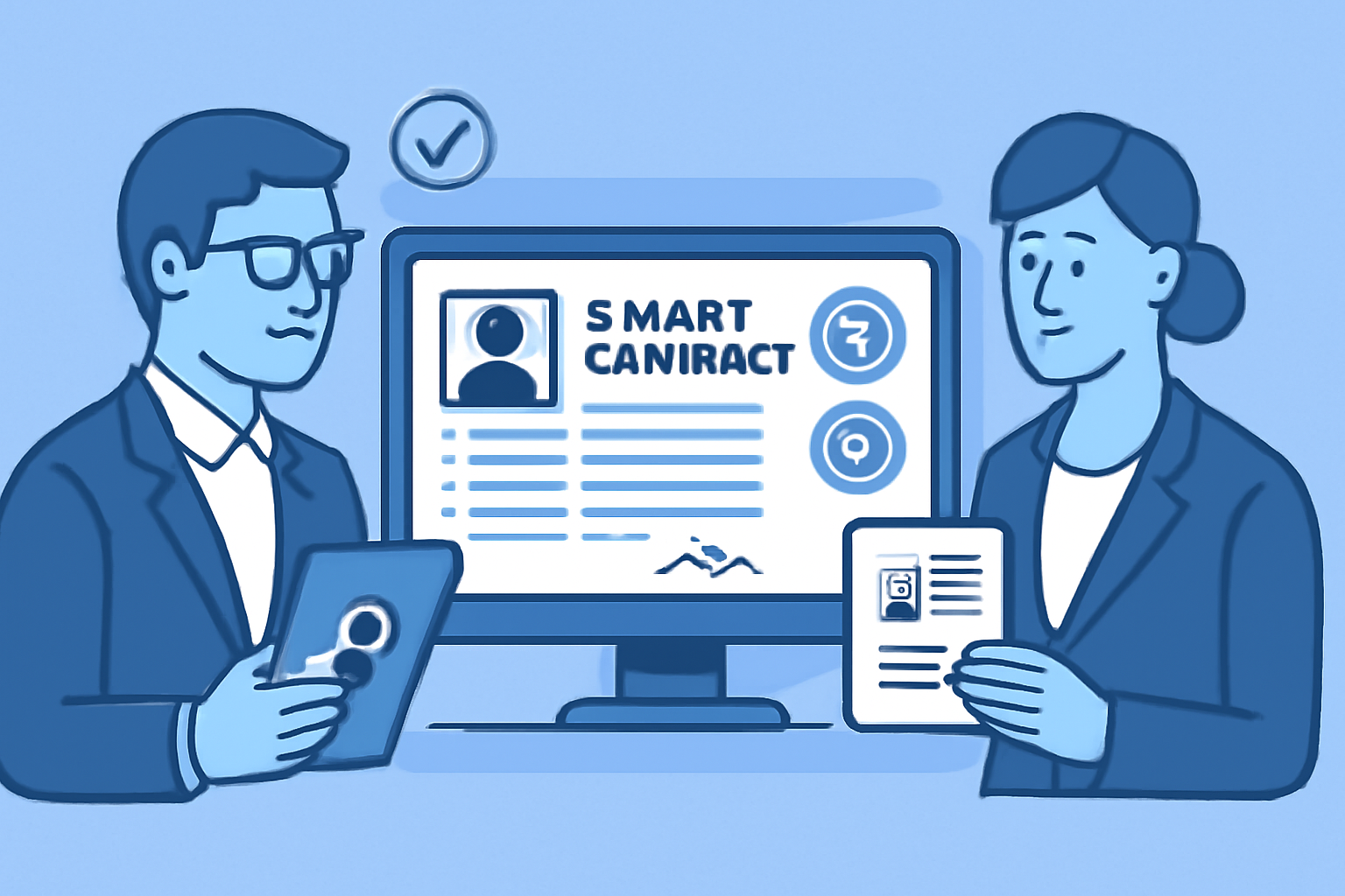 Two professionals verifying identities online, with a computer screen showing a smart contract and USDC symbols, futuristic and clear style.