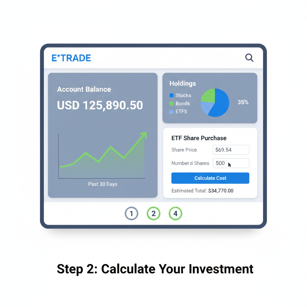 E*TRADE account dashboard showing balance and calculator for ETF shares at $69.54