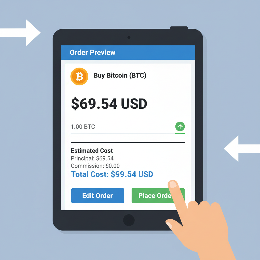 E*TRADE order preview screen highlighting BTC details, price $69.54, total cost