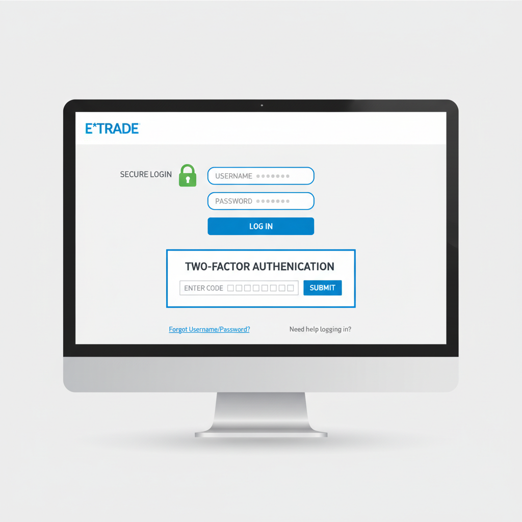 Desktop computer screen showing E*TRADE login page with secure padlock and 2FA prompt