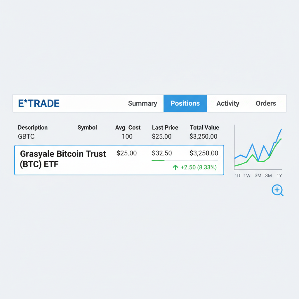 E*TRADE positions tab showing Grayscale BTC ETF holding with price chart