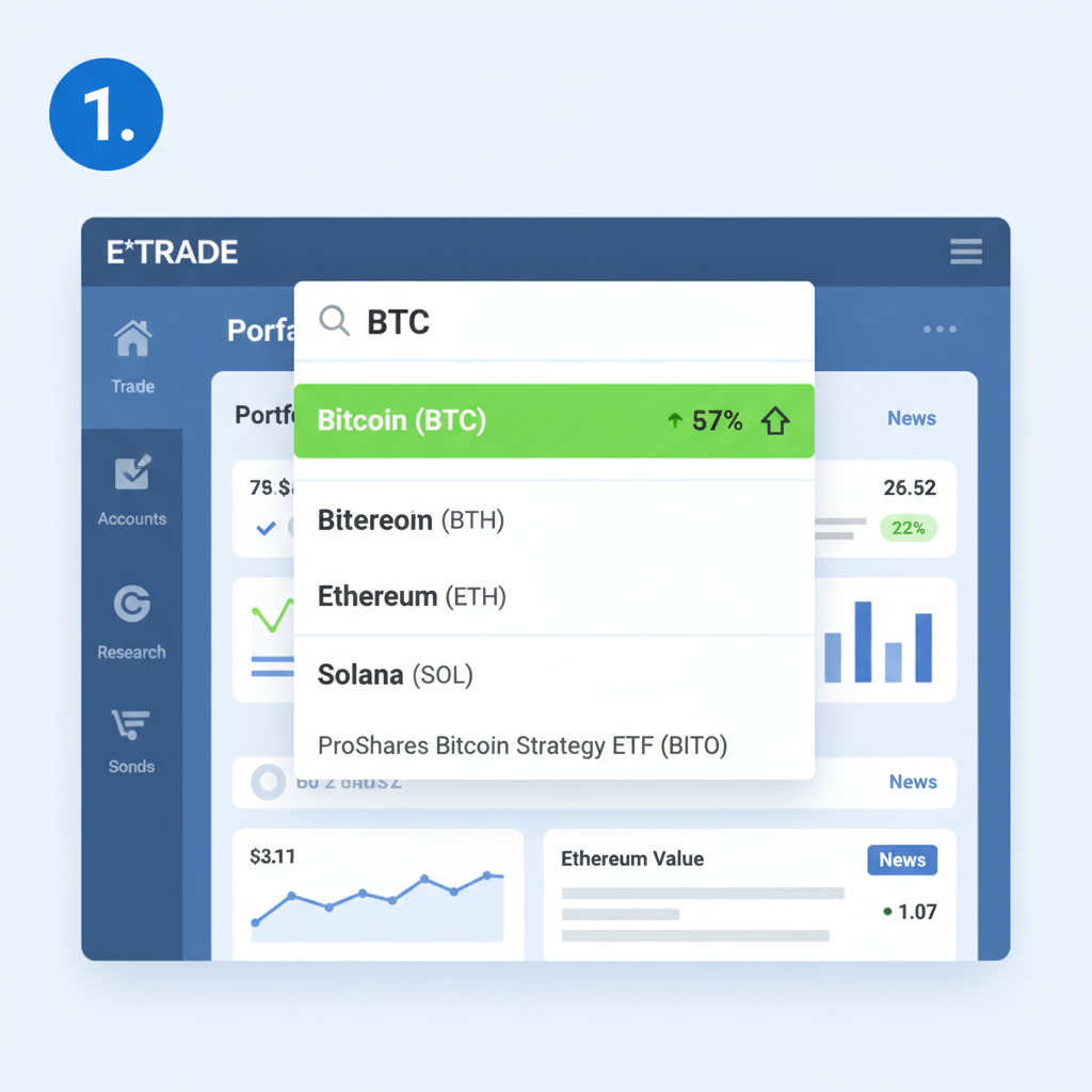 E*TRADE platform interface with search bar entered 'BTC' and ETF result highlighted