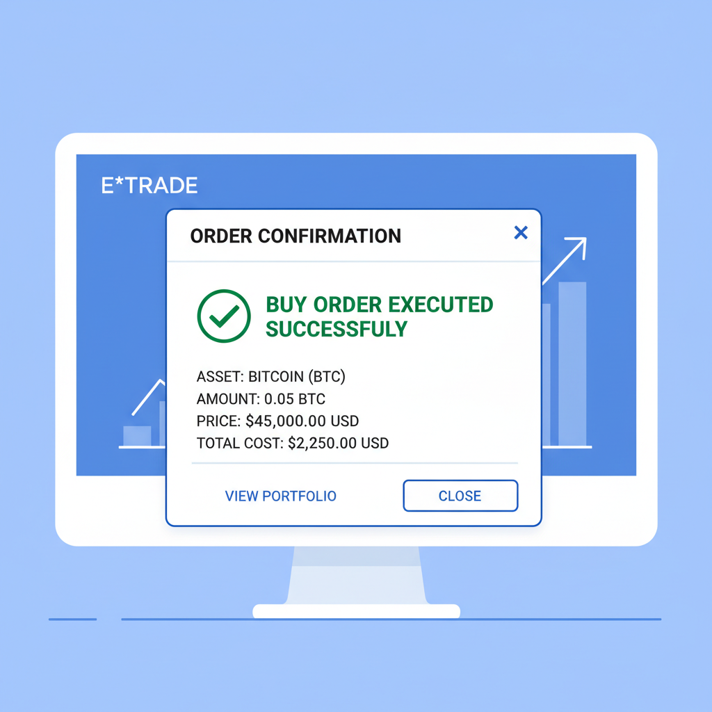 E*TRADE confirmation popup after submitting BTC buy order with success message